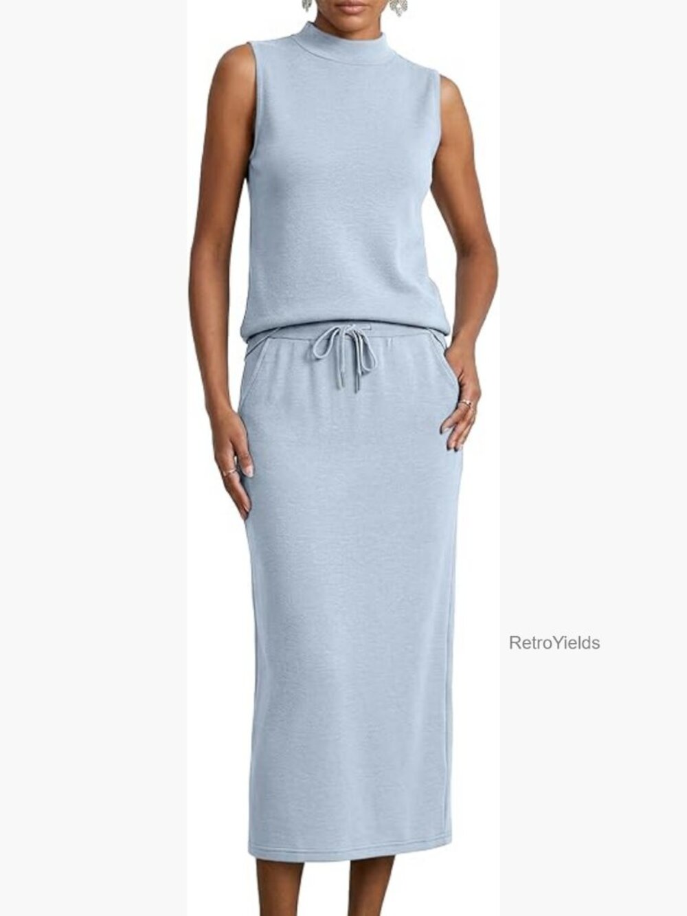 Womens 2 Piece Skirt Set Sleeveless Mock Neck Midi Lounge Travel Outfit
